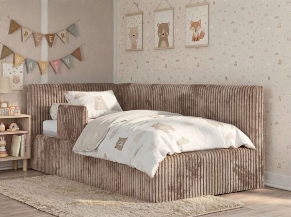 Kinderbett, Polsterbett 90x200 TILVO ALTA mit Rausfallschutz & Bettkasten, Gasdruckfeder-Lift, inkl. Lattenrost, Matratze wählbar - Braun Cord - ELORI LUX - Links Seite