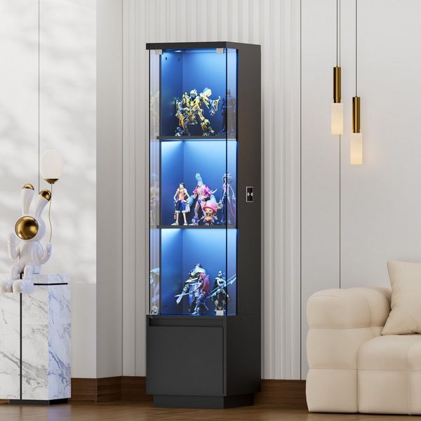 TWSOUL Glasvitrine Glasvitrine Standvitrinen mit 3-Farb-LED Beleuchtung & Smart Sensor