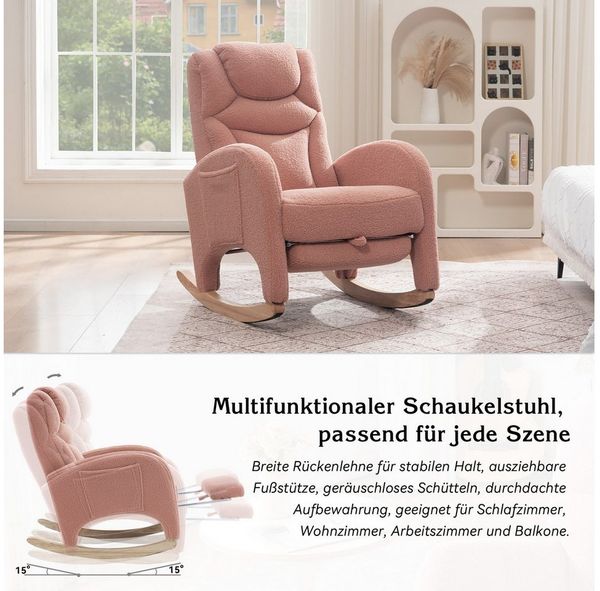 Celya Schaukelstuhl Wohnzimmer Samt mit hocker,stuhl garten,Relaxsessel mit Metallgestell, stuhl 110kg Tragkraft mit Armlehne und gepolsterter,rosa Bild 4