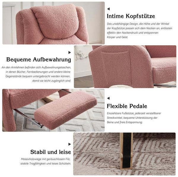 Celya Schaukelstuhl Wohnzimmer Samt mit hocker,stuhl garten,Relaxsessel mit Metallgestell, stuhl 110kg Tragkraft mit Armlehne und gepolsterter,rosa Bild 3