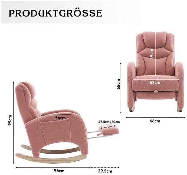 Celya Schaukelstuhl Wohnzimmer Samt mit hocker,stuhl garten,Relaxsessel mit Metallgestell, stuhl 110kg Tragkraft mit Armlehne und gepolsterter,rosa Bild 2