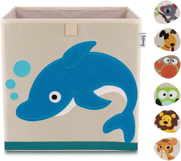LIFENEY Aufbewahrungsbox Kinder mit Delfin Motiv I Spielzeugbox mit Tiermotiv passend für Würfelregale I Ordnungsbox für das Kinderzimmer I Aufbewahrungskorb Kinder