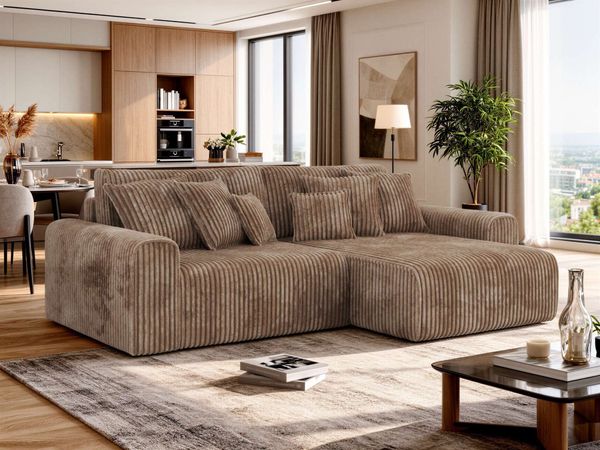 Ecksofa mit Schlaffunktion ELARA L, freistehend Eckcouch, DL-System, L-Form, Wellenfederung, modernes Design - Braun Cord