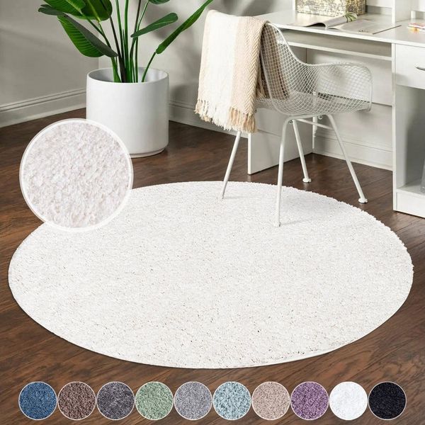 carpet city Shaggy Hochflor Teppich - Rund 80 cm - Creme - Langflor Wohnzimmerteppich - Einfarbig Uni Modern - Flauschig-Weiche Teppiche Schlafzimmer Deko