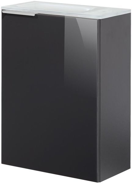 FACKELMANN SBC KARA Gäste WC Waschtisch Set 45 cm breit, Anthrazit, Waschbecken Glas Weiß, Türanschlag rechts + Waschbeckenbeleuchtung