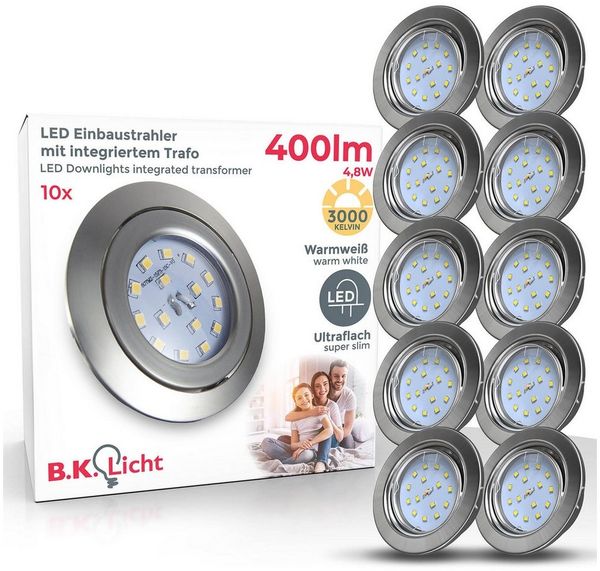 B. K. Licht - 10er Set LED Einbaustrahler 230V schwenkbar, warmweiße Lichtfarbe, Lochmass 68mm, LED Spot, flach, Deckenspots, LED Spots, Einbauleuchten, Einbauspots LED, 86x26 mm, Matt-Nickel