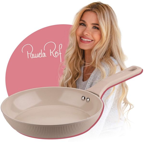Fackelmann x Pamela Reif Bratpfanne – Ø 24 cm, Aus geschmiedetem, recycelten Aluminium in Pastell Beige, keramische, PFAS-freie Beschichtung, hitzebeständig bis 150 Grad C – Reinigung per Hand