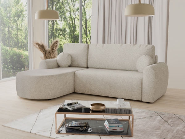Ecksofa Jazz mit Schlaffunktion und Bettkasten - Bouclé-Stoff - L-Form Couch, Polstersofa, Schlafsofa, Sofagarnitur, Bettsofa (Beige (Coral 65), Ecksofa Links)