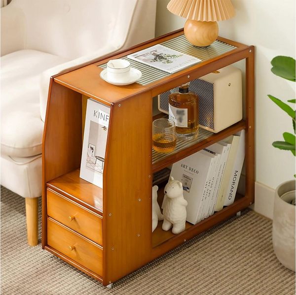 TUWENA Beistelltisch Beistelltisch mit Rollen, Couchtisch Schublade, Nachttisch Stubentisch, Bambus Sofatisch für Wohnzimmer, Schlafzimmer, Balkon, 70 x 30 x 60 cm