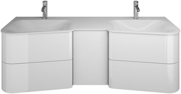 Burgbad BADU Waschbecken mit Unterschrank 152 cm breit, Weiß, Doppelwaschbecken Gussmarmor Weiß, Türanschlag links