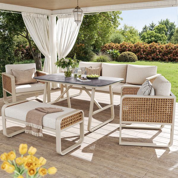 Gartenlounge-Set für 6-7 Personen, PE-Rattan Sitzgruppe mit Beistelltisch, waschbaren Kissen und verstellbaren Füßen, Terrasse Balkon, Beige