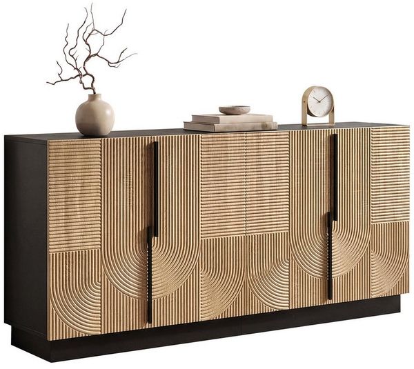 Merax Sideboard mit Relieffront, Wohnzimmerschrank Flurschrank Esszimmerschrank (1 St), Kommode mit 4 Türen, Metallgriffe & Stauraum, 160 x 42 x 76 cm