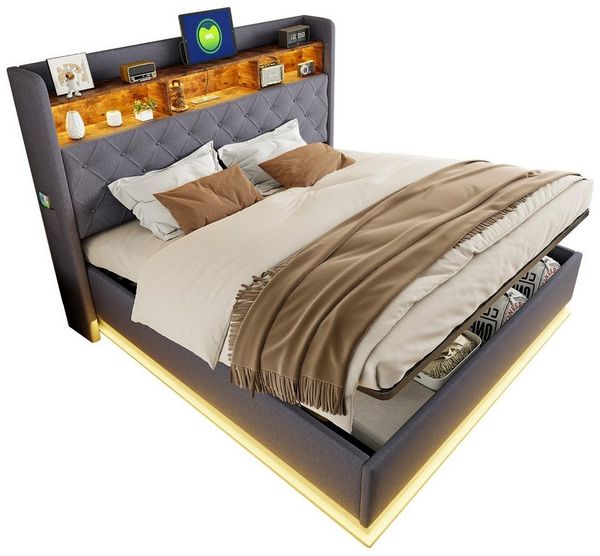 OKWISH Polsterbett Funktionsbett,Stauraumbett,Doppelbett,Gästebett (Luxuriöses LED-Polsterbett,mit USB-Ladeanschluss und hydraulischem Stauraum, Polsterbett 180 x 200 cm), mit Matratze