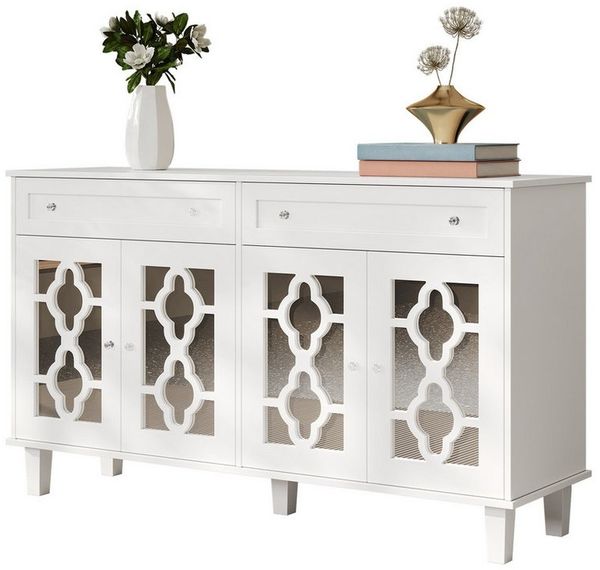 Merax Sideboard mit 4 Spiegeltüren und Schubladen (mit Kristallgriffe für Wohnzimmer, Esszimmer, Flur, H83/B140/ T40 cm), Kommode mit verstellbaren Einlegeböden, Anrichte Mehrzweckschrank