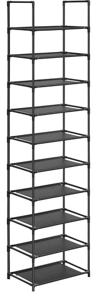 Songmics Schuhregal,10 Ebenen, Schuhablage, Schuhaufbewahrung, schmal, 28 x 45 x 173 cm, Metallgestell, Ablagen aus Vliesstoff, für Flur, Schlafzimmer, schwarz LSH010B02