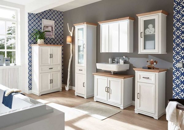 JASMIN Badezimmer Hochschrank in Pinie hell, Artisan Eiche Optik - Landhausstil Badezimmerschrank mit viel Stauraum - 48 x 190 x 43 cm (B/H/T)