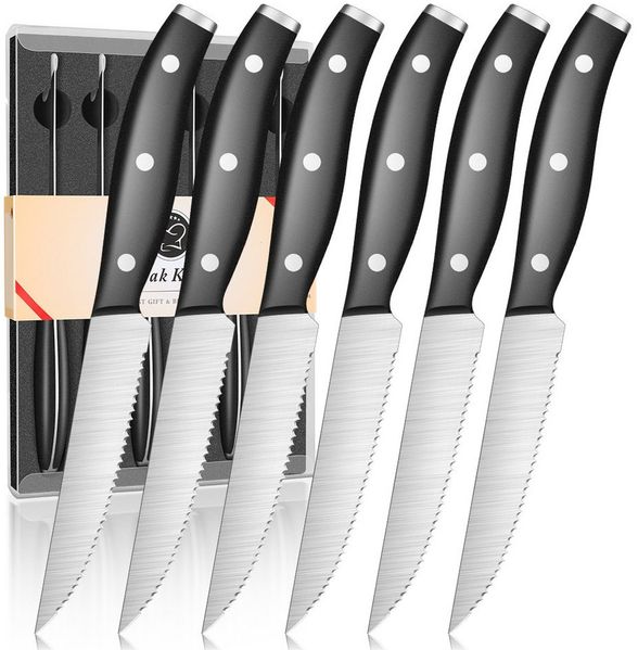 KingLux Steakmesser 6-teilig Steakmesser Wellenschliff gezahnte Pizzamesser Tafelmesser (6 Stück), Edelstahl, Spülmaschinenfest