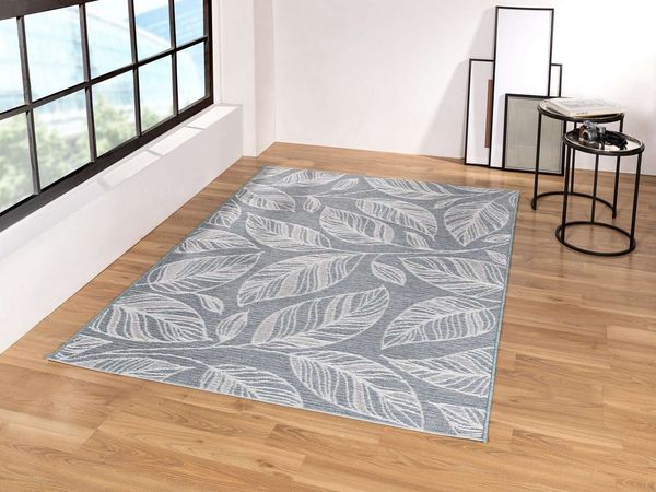 TaraCarpet Teppich In & Outdoor Teppich Newton 96014 Blatt, rund, Höhe: 3 mm, Sisal optik blau Wohnzimmer Terrasse Garten Balkon Küche 120x120 cm
