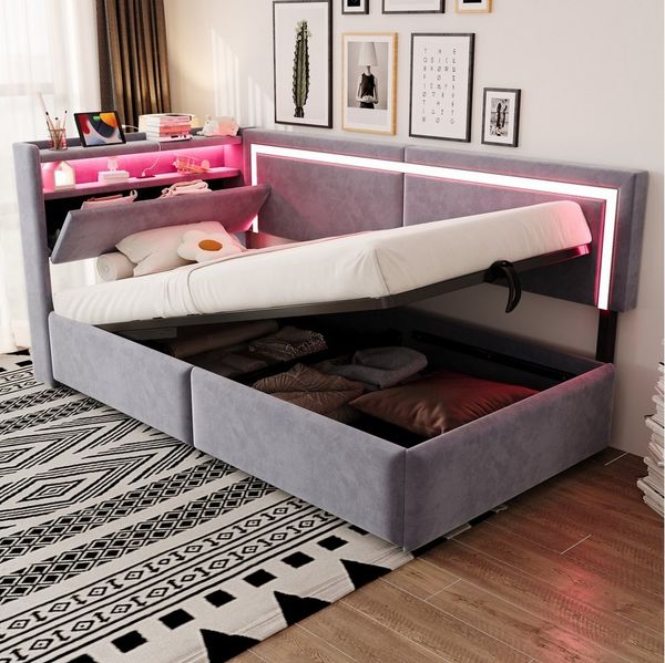 Merax Daybett 90x200cm mit LED-Beleuchtung und USB-Ladeanschluss (Tagesbett Jugendbett Einzelbett Sofabett aus Samtstoff, 1 tlg), Polsterbett Schlafsofa mit hydraulischem Stauraum, Kopfteil mit Ablage