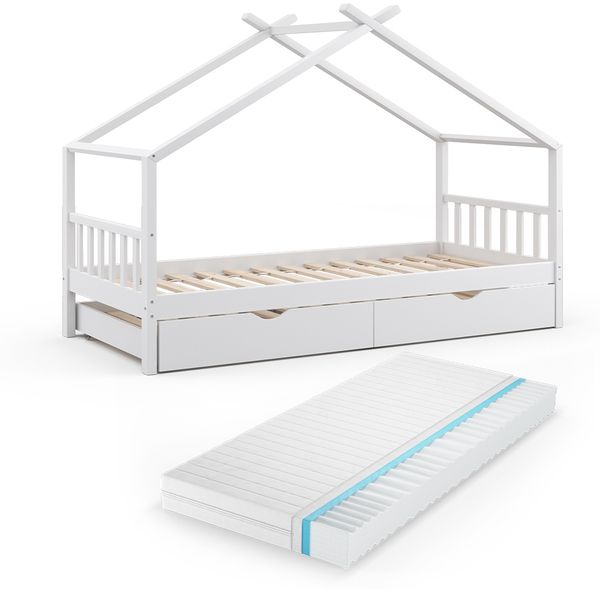 Hausbett Design Weiß 90x200 cm mit Gästebett und Matratze Vitalispa