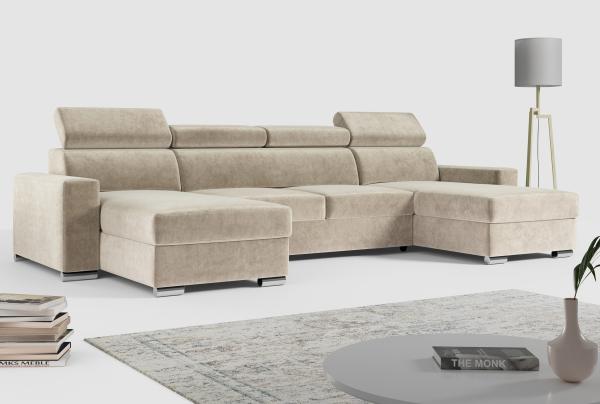 Ecksofa zum Wohnzimmer - U-Form mit Schlaffunktion und Bettkasten - FOX-U - Beige