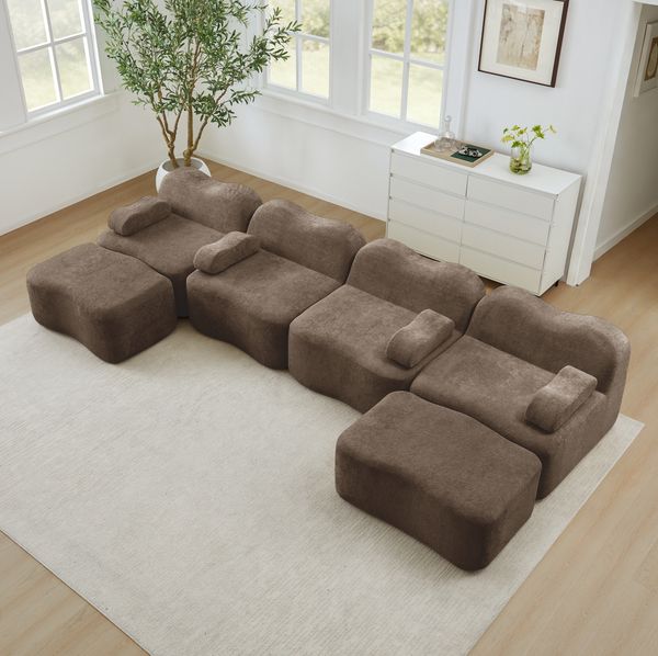 Modulares Ecksofa 70cm×384cm×167cm U-Form mit 2 Hockern – rahmenloses Wohnzimmer-Sofa aus Samt in Braun