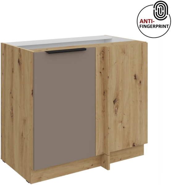 Küchen Eckunterschrank 105 cm Küche ARIA Sandgrau ultra matt + Eiche Artisan matt, hochwertige Fronten mit Anti Fingerprint Beschichtung Küchenzeile Küchenblock