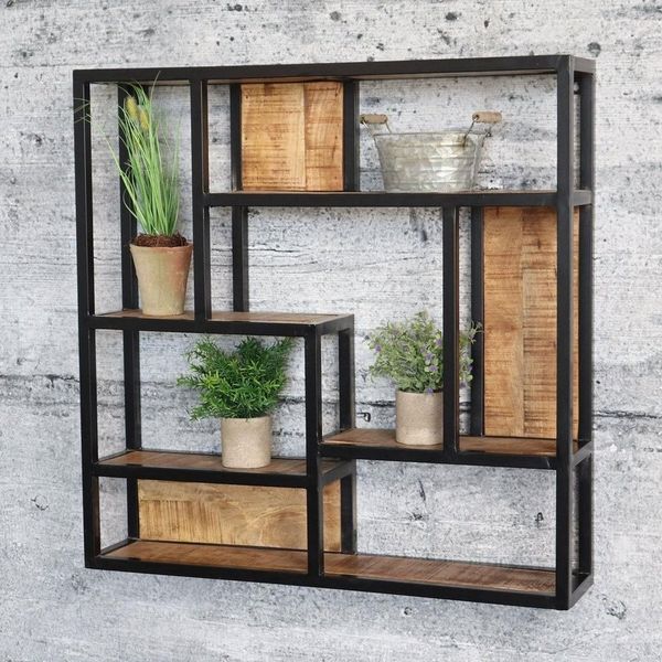 baario Wandregal Wandregal SELCE 80x80 Metall, Hängeregal massiv Eisen & Mangoholz Industrial Design