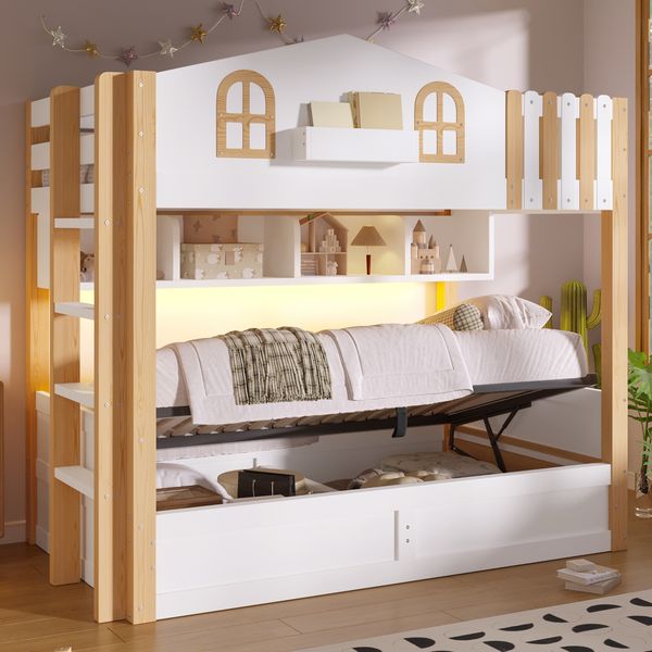 Merax Etagenbett, 90x200 cm, Kinderbett Hausdesign, Hydraulische Lagerung, mit LED Leuchten, offenem Staufach, Leiterposition optional, Ohne Matratze, Weiß+Natur