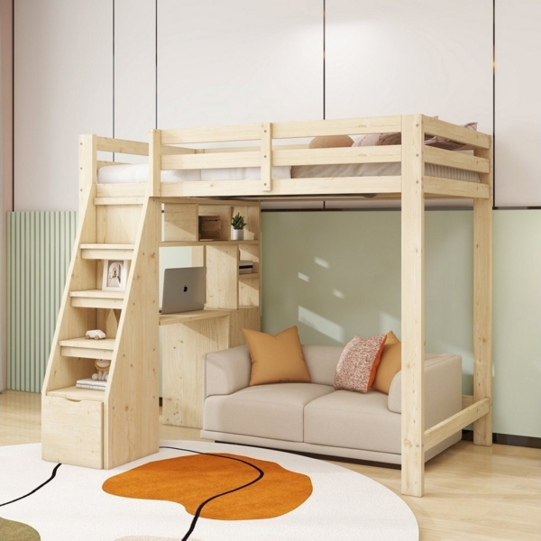 Flieks Hochbett Kinderbett Einzelbett 90x200 cm mit Stauraum-Treppe und Schreibtisch