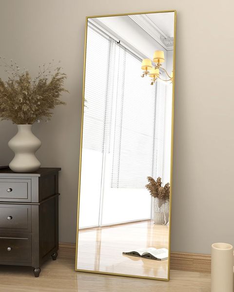 Koonmi 163x53 cm Standspiegel, robust Ganzkörperspiegel mit minimalistische schmaler Aluminiumrahmen, modern großer Wandspiegel stehend oder hängend für Wohnzimmer und Schlafzimmer, Gold
