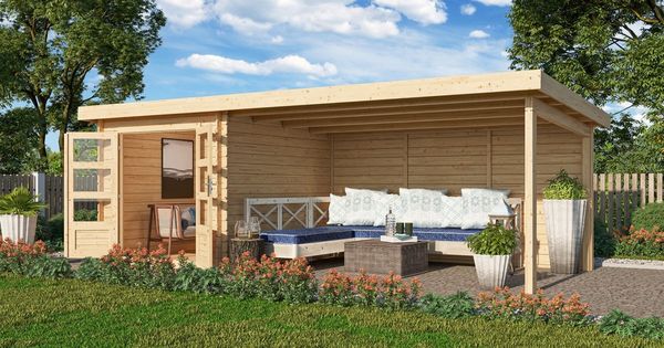 Gartenhaus Bastrup 4 - 620x297 cm mit Anbaudach 4,00 m mit Rückwand, 28 mm Holz naturbelassen, Karibu