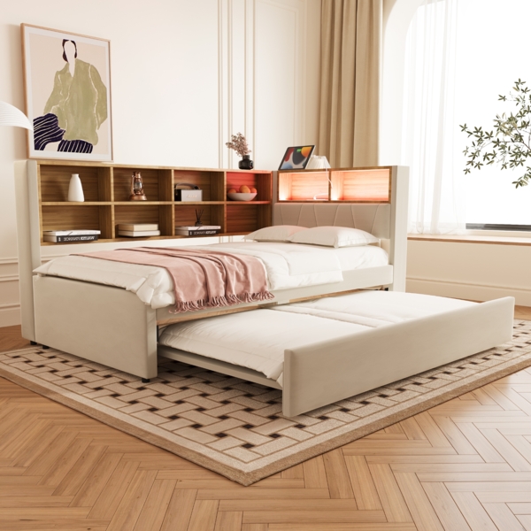 Bett 90x200 cm mit Ausziehbett 90x190 cm, Flanellbezug in Beige, mit Stauraum und LED-Beleuchtung
