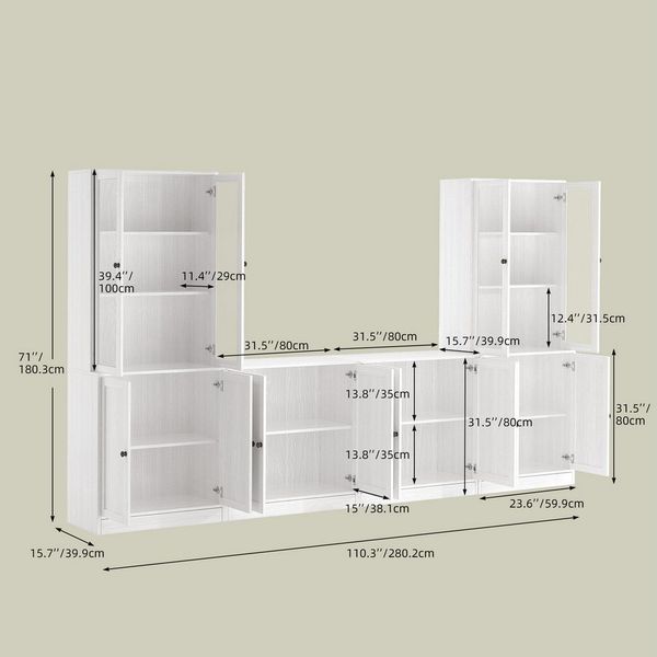 VOWNER TV-Schrank mit Bücherregalen für Fernseher bis zu 70 Zoll, 280 cm TV-Ständer (4-St) Wohnzimmer-Fernsehschrank mit gehärteten Glastüren und Einlegeböden