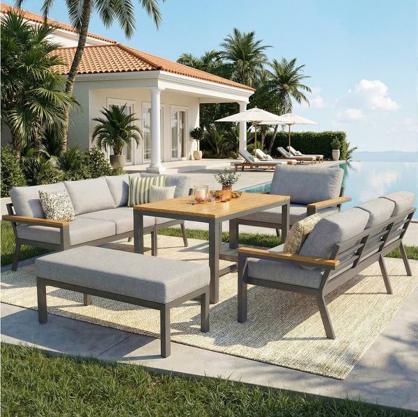 Merax Gartenlounge-Set in L-Form, Essgruppe mit Holz-Couchtisch (WPC) & Eisenrahmen, (7-tlg), 8-Sitzer Gartenmöbel Set Sitzgruppe mit Sofa, Sessel, Bank & Stuhl