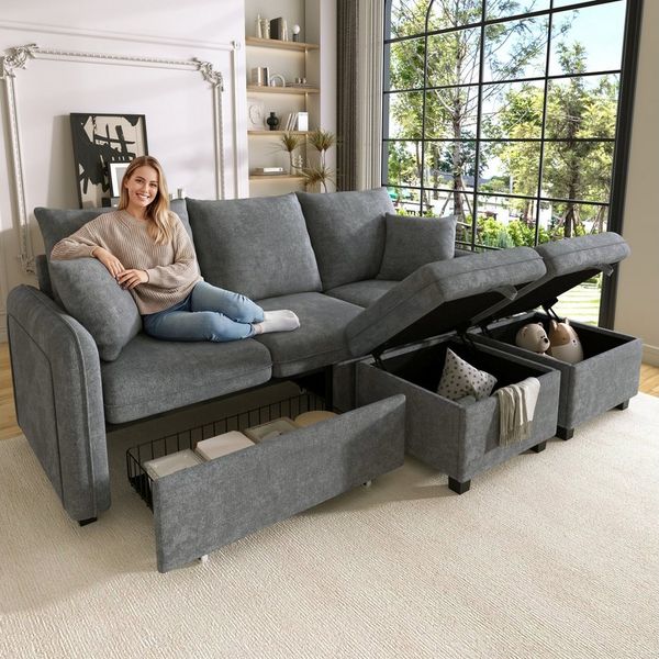 Merax Ecksofa U-förmiges Schlafsofa mit Staufunktion, Tagesbett Sofa Wohnzimmersofa aus Chenille-Bezug 1 Teile, 3-Sitzer-Ecksofa mit 2 Schubladen & 2 Hocker mit Stauraum, Polstersofa