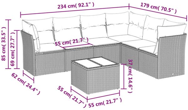 vidaXL 7-tlg. Garten-Sofagarnitur mit Kissen Grau Poly Rattan 3217690 Bild 7