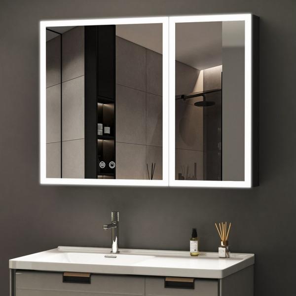 WDWRITTI Spiegelschrank Schwarz mit beleuchtung 3Lichtmodi Dimmbar Kalt/Neutral/Warmweiß (Badezimmerspiegelschrank mit LED 2 türen 80x12,5x60cm, Anti-fog, Speicherfunktion, Doppelseitiger Spiegel, Alu Schrank) Full Surround Light Strip, mit Netzadapter