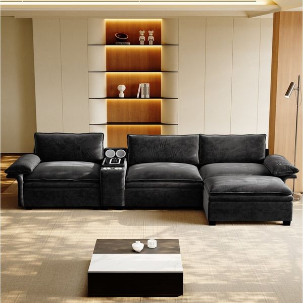 Celya Ecksofa L-Form mit Stauraum, Chenille Couch, mit Ottoman, drahtloses Laden, Lautsprecher, Licht, 2 Tassenhalter, ideal für Wohnzimmer, Büros oder Heimkino-Bereiche