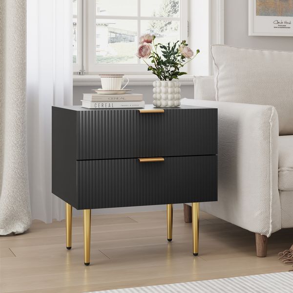 Nachttisch 53×53×41,3 cm in Schwarz mit 2 Schubladen – moderner Beistelltisch aus MDF und Metall
