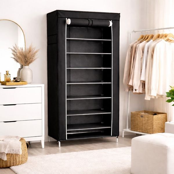 belviona Stauraumschrank, stabil & pflegeleicht, ideal für kleine Räume, schwarz 160 x 60 x 30 cm Stoffkleiderschrank, mobil mit 10 Böden