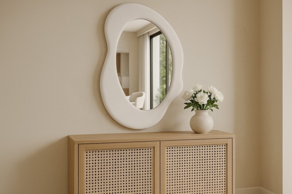 BOURGH Wandspiegel TOULON asymmetrischer Wandspiegel 70x49cm - Deko Spiegel in Weiß, mit Flanellrahmen in unregelmäßiger Form