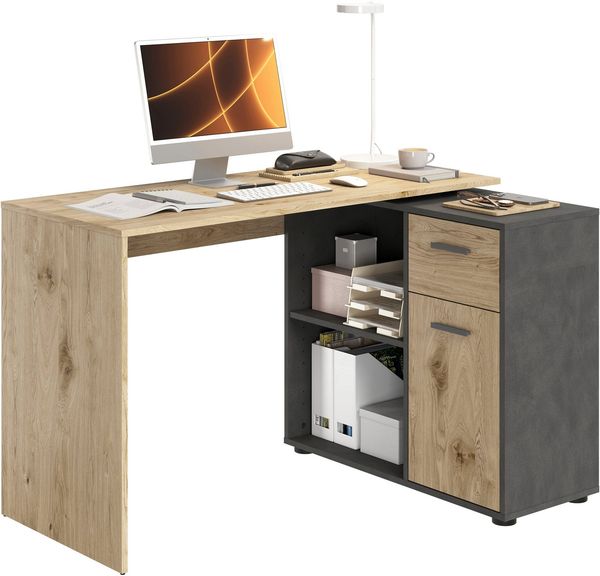 FMD Eckschreibtisch AUGSBURG, Schreibtisch/Sideboard m. Stauraum, beidseitig montierb, 117/148 cm