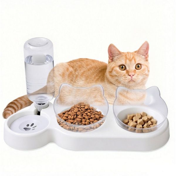 SURFOU Napf-Set 3-in-1 Katze Futternapf und Wassernapf Katzennapf mit Wasserspender, Ständer Erhöhter Futternapf für Katzen Doppelfressnapf Futterschüssel