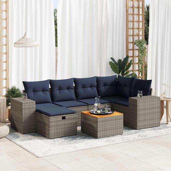 vidaXL 7-tlg. Garten-Sofagarnitur mit Kissen Grau Poly Rattan 3325876