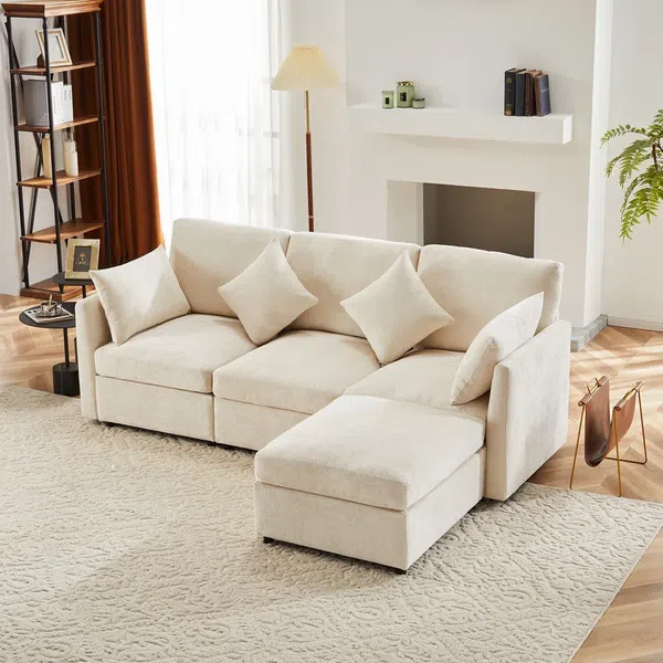 Ecksofa L-Form mit Hocker, Zier- und Armlehnenkissen, Chenille