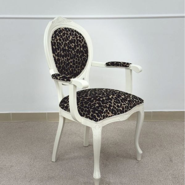 Casa Padrino Luxus Barock Esszimmer Stuhl mit Armlehnen Leopard / Weiß - Barock Möbel