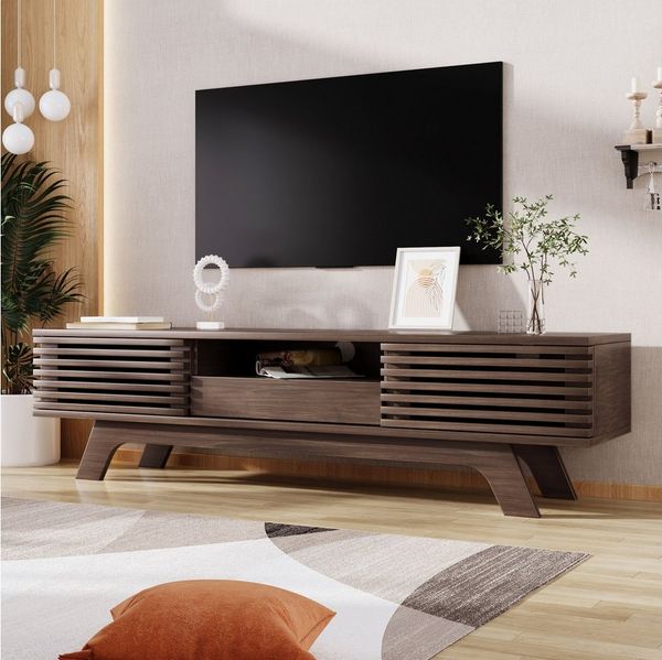BlingBin TV-Schrank TV-Möbel, TV-Panel, TV-Lowboard, Fernsehtisch TV Board Fernsehschrank (TV-Aufbewahrungsschrank mit Rattan-Dekoration, 2 Türen und 1 Schublade und 3 Offenem Fach, 1-St, Gesamtgröße: 180*40*54 cm, Gewichtskapazität: 50kg, Massivholz-B...