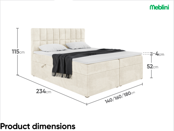 MEBLINI Boxspringbett LUKAS 160x220 cm mit Bettkasten - H4/Creme Samt Polsterbett - Doppelbett mit Topper & Taschenfederkern-Matratze Bild 7