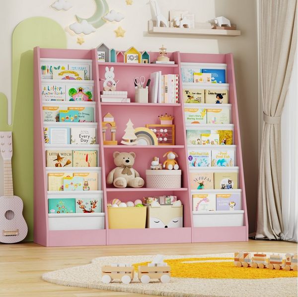 Homfa Bücherregal, Kinderregal mit 14 Ablagen Kinderbücherregal 129x120x35 cm